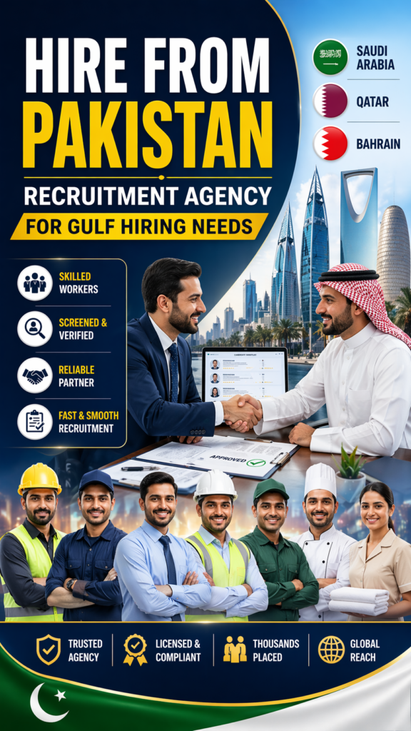#RecruitmentAgencyPakistan #PakistaniRecruitmentAgency #ManpowerRecruitmentPakistan #OverseasRecruitmentPakistan #HirePakistaniWorkers #GulfHiring #SaudiHiring #QatarRecruitment #BahrainHiring #ManpowerSupply #StaffingSolutions #OverseasJobsPakistan #RecruitmentServices #PakistaniManpower #GulfEmployers
